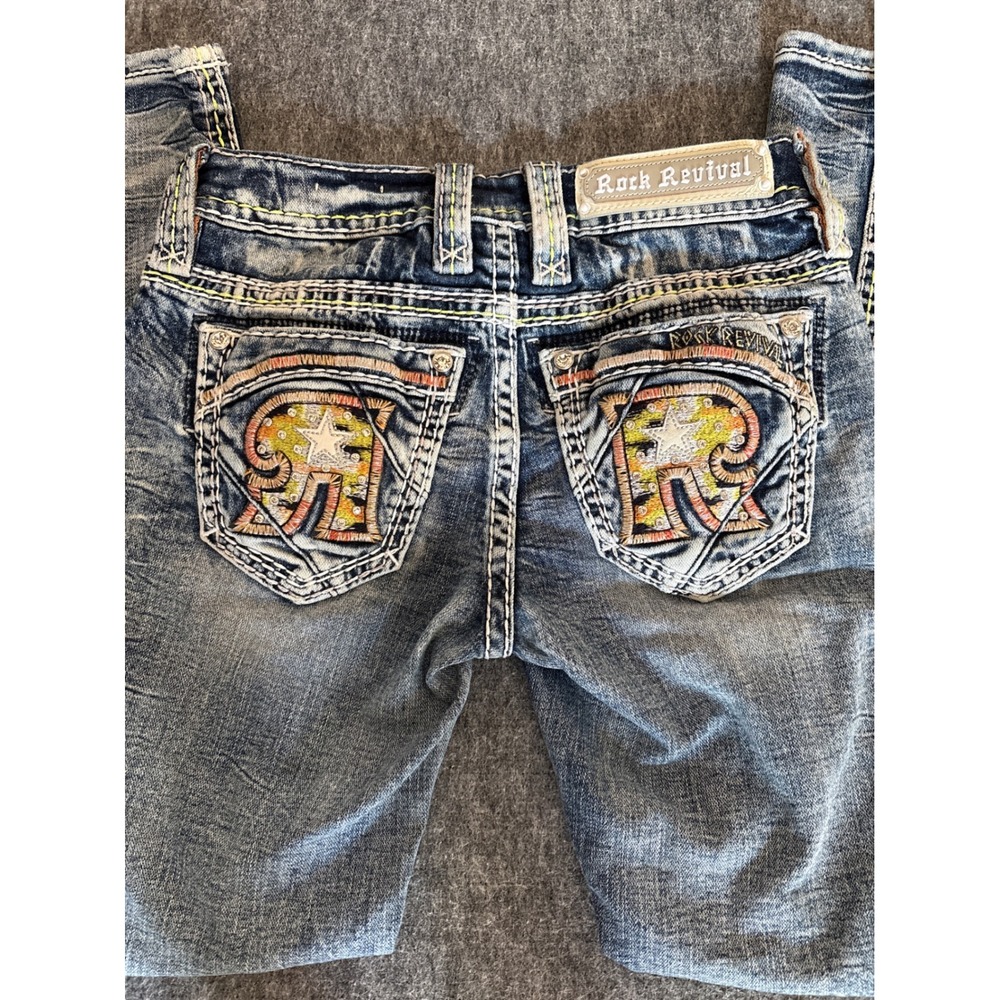 Rock Revival Burma Bootcut Distressed Jeans Embroidered Rhinestone Blue Size 24